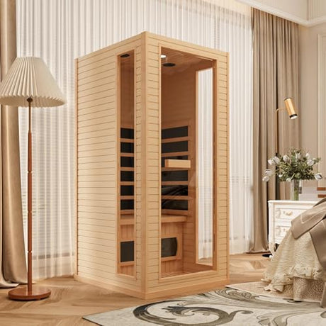 SWHSE Infrared Sauna, 1 Person Full Spectrum Roomy Saunas for Home, Indoor Dry Sauna with Rapid Heating 4 Carbon Panels&1 Carbon Tube, Bluetooth and 7 Color Therapy Lights, 110V SWHSE