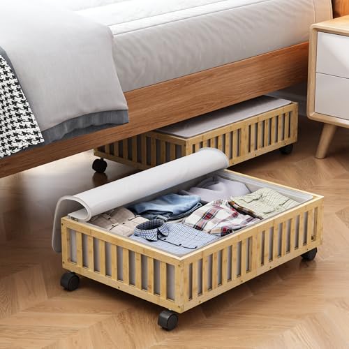Bamboo Under Bed Storage Containers with Wheels, 2 Pack Under the Bed Shoe Storage Bins, Wood Rolling Underbed Drawers with Bag Organizer for Bedroom, Sheets Clothes Blanket Comforter, Under Crib Toy MHXW SXPN