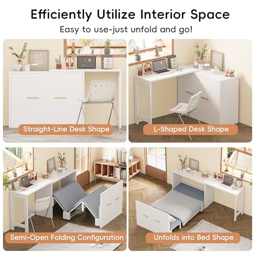 MaiDeHaoo Twin Size Murphy Bed Cabinet Horizontal with Adjustable Position Desk Murphy Chest Bed with Foldable Cushion - White MaiDeHaoo