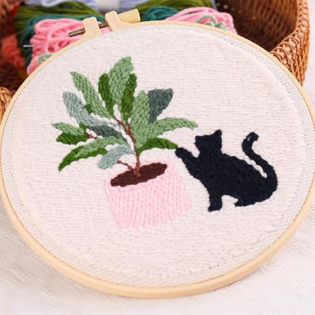 Allazone 3 Set Embroidery Starter Kits for Beginner, Cat Punch Needle Kit with Instruction, Plastic Hoop, Yarns and Embroidery Handle Needle Pen Allazone