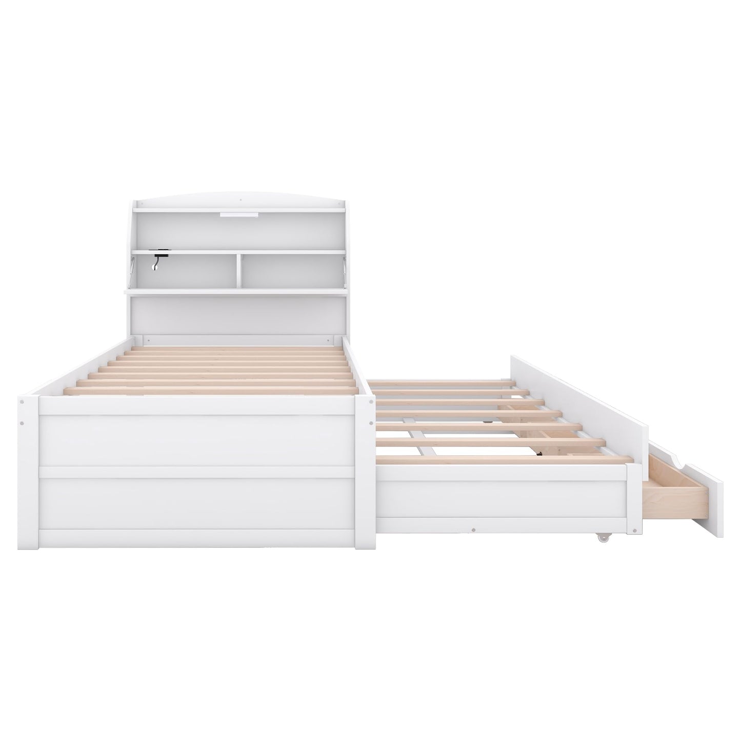 MERITLINE Twin Size LED Platform Bed with Trundle, Storage Drawers, and Bookcase Headboard in White - WoodArtSupply