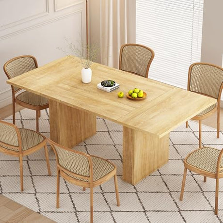 78 Inch Rectangular Dining Table for 6 to 10, Farmhouse Fluted Dining Kitchen Table, Modern Wood Long Dining Table for Kitchen Living Room, Natural PHOYAL