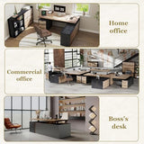 SAINTCY 70.87In L Shaped Executive Standing Desk with Drawers, Large Modern Adjustable Heigh Home Office Desk w/File Cabinet, AC/USB, Business Workstation, Black and Warm Oak SAINTCY