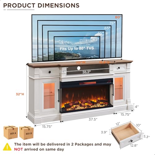 OKD 70" Fireplace TV Stand with 36" 3-Sided Glass Electric Fireplace & LED Lights, Modern Farmhouse Entertainment Center for TVs up to 80", Media Console w/Storage Drawer & Glass Door, Antique White OKD