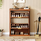 knoworld Walnut Shoe Cabinet Storage for Entryway,2 Flip Drawers with Toe Kick Space,Narrow Wood Fluted Shoe Rack Cabinet,Fluted Slim Shoe Cabinet for Foyer,Hallway knoworld