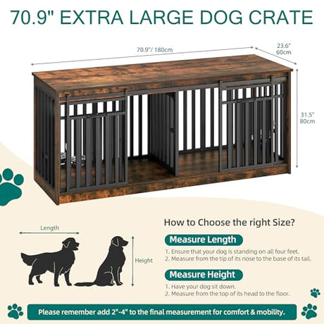 YITAHOME 71 Inch Double Dog Crate Furniture for 2 Dogs, Heavy Duty Wooden Dog Crate TV Stand with 4 Dog Bowls, Dog Kennel Indoor Furniture Sliding Barn Door Design for Extra Large Dogs, Rustic Brown YITAHOME