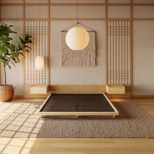 homary Japanese Style Bed Frame, 6.3" Low Profile Tatami Platform Bed Frame with Carbon Steel Slats & Wood-Finished Metal Floor Frame, No Box Spring Needed, Fits Queen Mattress homary
