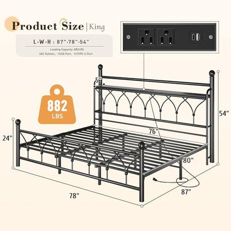 EnHomee 54" King Bed Frame with Tall Storage Headboard, Metal King Size Bed Frame with LED Lights and Power Outlets, Sturdy & Noise-Free, Metal Slats, No Box Spring Needed, Black EnHomee