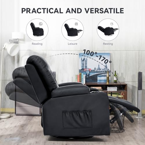 COMHOMA Living Room Furniture Set, Bonded Leather Sofa with Cup Holder Recliner Chair, 3, Black COMHOMA