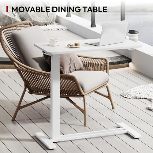 SANODESK Mobile Standing Desk with Hidden Wheels,Pneumatic Laptop Desk Rolling Computer Cart Movable Height Adjustable Small Sit Stand Desk for Home Office(31.5" W x 15.7" D,White) SANODESK