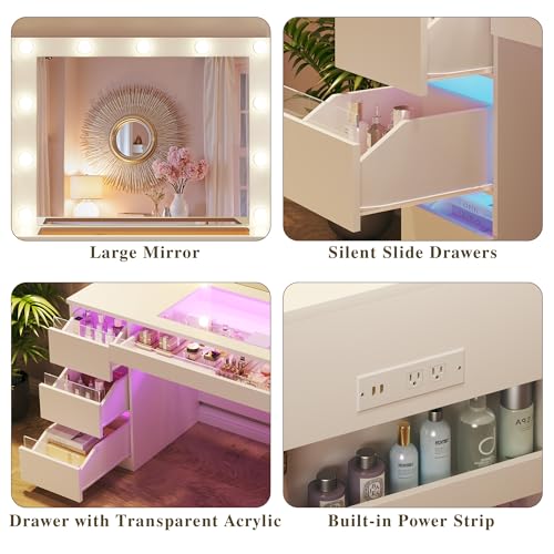 HUAHUU Vanity Desk with Lighted Mirror & Transparent Top, Makeup Vanity Desk with 4 Transparent Drawers and RGB Lighting, Built-in Power Outlet, 3-Tier Side Shelves & Storage Organizer for Bedroom HUAHUU