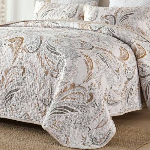WONGS BEDDING Boho Quilt Set Queen,Beige Paisley Floral Pattern Bedspread Coverlet Set with 2 Pillowcases,Lightweight Microfiber Bohemian Quilt Bedding Set 96"×90" WONGS BEDDING