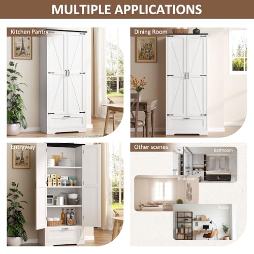Vongrasig Kitchen Pantry Storage Cabinet with Barn Doors, Drawer and Adjustable Shelves, 4-Tier Tall Rustic Wood Cupboard Locker for Kitchen, Dining Room, Living Room, Bathroom, (White) Vongrasig