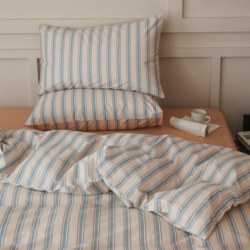 Blue Striped Duvet Cover Set Full 100% Cotton Retro Stripes Pattern 3 Pieces Bedding Set Blue Brown Striped Comforter Cover Minimalist Soft Breathable Duvet Cover with Zipper Closure & Corner Ties LifeTB