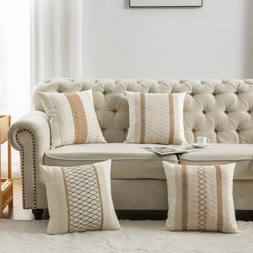 Mayler Yee Throw Pillow Covers 16 x 16 Inch 1PC for Farmhouse Living Room, Cotton & Burlap Textured Striped Woven Boho Pillow Covers (Beige & Brown, Single Striped) Mayler Yee