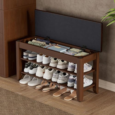 Homleke Shoe Rack Bench with Flip-Top Storage, Solid Wood Entryway Bench with Cushion, Adjustable Shelf, for Hallway, Mudroom, Closet – Walnut, 31.5"