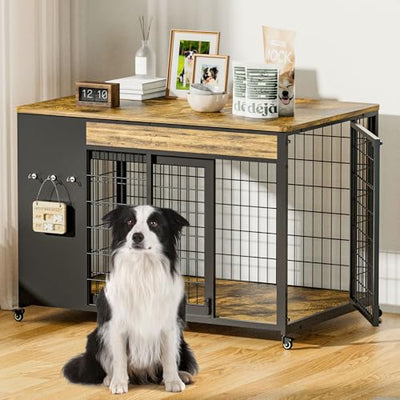 Hugcoz 38" Dog Crate Furniture - Dog Crate with DIY Frame, Sliding Door Indoor Kennel, Wooden Dog Cage End Table, for Medium/Large Breed, Rustic Brown Size L