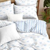 Sedefen Bow Duvet Cover Twin Size Blue Striped on White Bedding Set 2 Pieces Cute Heart Printed Stripe Reversible Princess Style Soft Breathable Microfiber Duvet Cover Set with Zipper Closure Sedefen