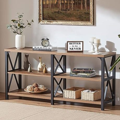 Rustic Oak 3-Tier Console Table with Storage Shelves – Versatile Entryway or Sofa Table by IBF IBF