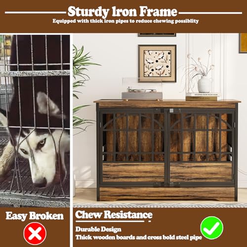COZPAW 52 Inch Dog Crate Furniture, Extra Large Dog Kennel Indoor for XLarge Breed, Heavy Duty Dog Cage with Double Elegant Arched Doors, Decorate as TV Stand & End Table-Retro Brown COZPAW