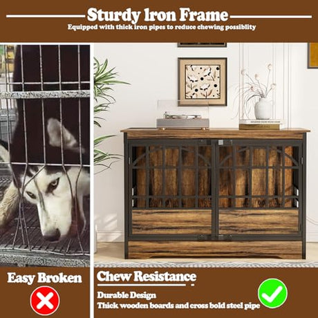COZPAW 52 Inch Dog Crate Furniture, Extra Large Dog Kennel Indoor for XLarge Breed, Heavy Duty Dog Cage with Double Elegant Arched Doors, Decorate as TV Stand & End Table-Retro Brown COZPAW