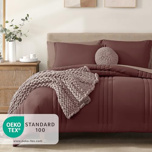 Monbix Queen Comforter Set - 7 Pieces Dark Red Bed in a Bag Queen Bedding Sets with Comforters, All Seasons Comforter Bed Set with Sheets, Pillowcases & Shams Monbix