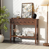 GOFLAME Narrow Console Table with 2 Drawers, 38” Rustic Sofa Table with Bottom Storage Shelf & Embossed Design, 2-Tier Vintage Entry Tables for Living Room, Entryway, Hallway, Walnut GOFLAME