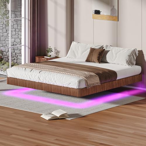 Bellemave King Floating Bed Frame with LED Lights, Walnut Wood Floating Bed Frame King, Wave Curve Wood Texture Bed with Heavy Duty Metal Slats Bellemave
