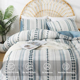 Washed Cotton Twin Size Duvet Cover Set - Tufted Dots Boho Chic Bedding for All Seasons, Striped Bohemain Bedding Linen Like Textured Breathable Durable Soft Comfy (Blue, 66''x90'') La Sheer