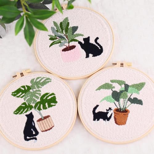 Allazone 3 Set Embroidery Starter Kits for Beginner, Cat Punch Needle Kit with Instruction, Plastic Hoop, Yarns and Embroidery Handle Needle Pen