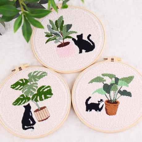Allazone 3 Set Embroidery Starter Kits for Beginner, Cat Punch Needle Kit with Instruction, Plastic Hoop, Yarns and Embroidery Handle Needle Pen Allazone