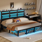 Arviano Home King Size Bed Frame with Storage Headboard, Rustic Industrial Metal Platform Bed Frame with LED Lights and Charging Station, Under Bed Storage, Noise-Free/No Box Spring Needed, Black Arviano Home