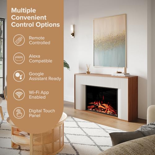 Modern Ember Arrie Smart Electric Fireplace Mantel Package | 33” Firebox Heater | Fluted Details w/Curved Leg Design | Multi-Flame Colors & Speed | Alexa/WiFi Enabled - Remote Included Modern Ember