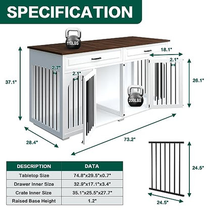 FFIQQ Double Dog Crate Furniture,74.8 Inch Dog Crate Kennel Furniture for 2 Large Breed Dogs,Heavy Duty Wooden Dog Crate with Divider&2 Drawers,White - WoodArtSupply