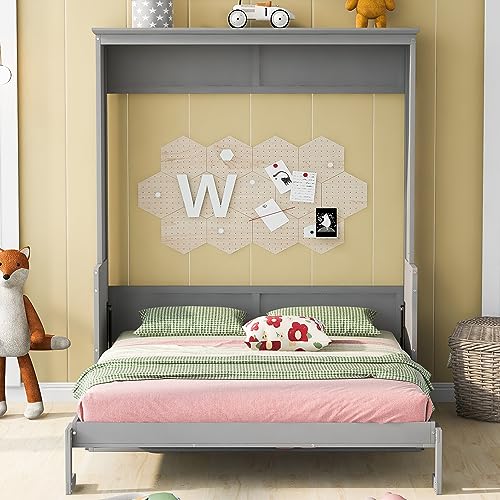 URTR Queen Size Murphy Bed with a Shelf, Easy Fold Wood Wall Bed, Space-Saving Murphy Bed Cabinet for Guest Room Home Office,Grey URTR