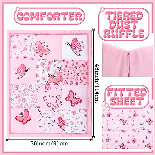 Tudomro 3 Pieces Butterfly Nursery Crib Bedding Set for Girls, Standard Size Bedding Sets with Comforter Fitted Sheet Crib Skirt(Pink) Tudomro