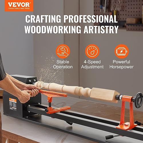 VEVOR Benchtop Wood Lathe, 14 in x 40 in, 0.5 HP 370W Power Wood Turning Lathe Machine, 4 Speed Adjustable 885/1245/1715/2425 RPM with Chisels Faceplate Plastic Handle Hex Wrench, for Woodworking VEVOR