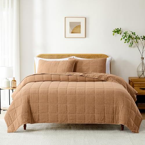 Lush Decor Logan Stone Washed Cotton Quilt 3 Piece Set Full/Queen Sienna - Rustic Bedding Set - Soft Terracotta Quilt - Lightweight - Minimalist & Boho Bedroom Decor Lush Decor