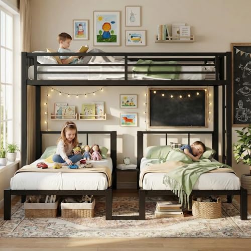 MoproBeti Triple Bunk Bed for Kids,Metal Heavy Duty 3 Bunk Beds with Storage Shelf & Ladder, Convertible Three Bunk Beds for Girls Boys Teens,Can be Separated into 3 Beds, Black MoproBeti