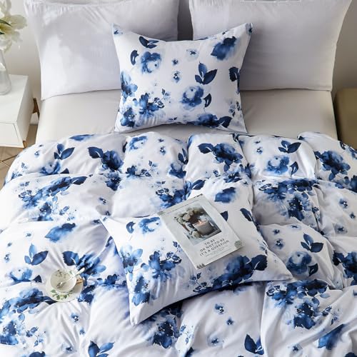 Cupocupa Queen Duvet Cover Set - 3pc Blue Floral Art Deco Bedding - Soft Botanical Print Polyester Duvet Cover with 2 Pillowcases - All Season Reversible Comforter Cover (Queen, Blue Floral) Cupocupa