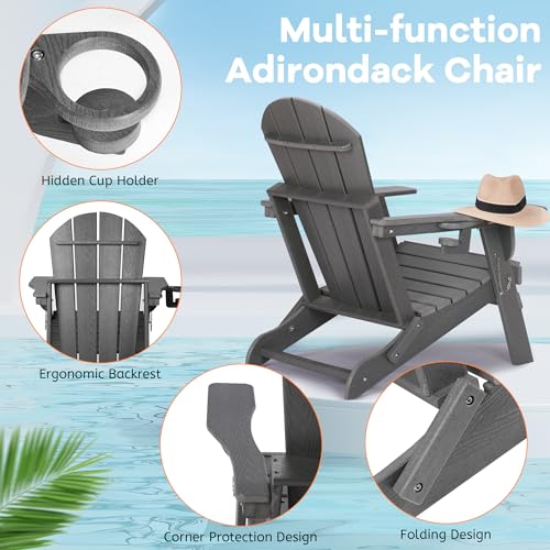 Folding Adirondack Chair, Patio Chair with Cup Holder, Wood Texture Fire Pit Chair, Heavy Duty HDPE Weather Resistant for Outdoor Lawn Porch Garden Backyard Deck (Grey) Rengue