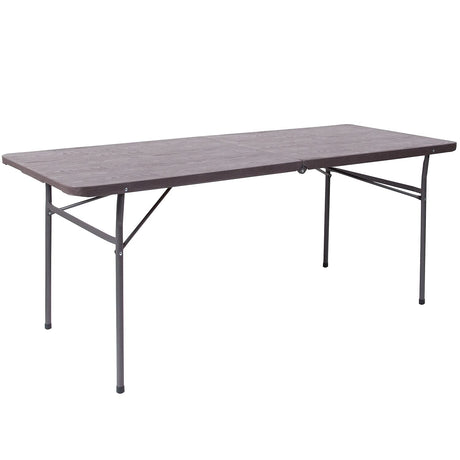 Flash Furniture Elijah 6-Foot Bi-Fold Brown Wood Grain Plastic Folding Table with Carrying Handle Flash Furniture
