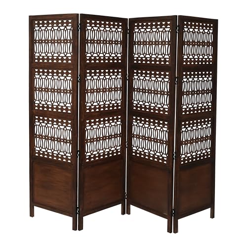 Room Divider Screen, 4-Panel Folding Wood Screen Pattern, Antique Brown, 72 x 80 Inches, Hand Carved Decorative and Functional, Reversible, Portable Privacy Partition, Boho Style – Bedding Craft Bedding Craft