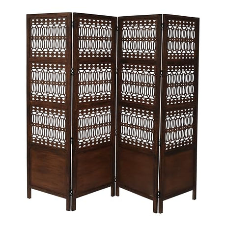 Room Divider Screen, 4-Panel Folding Wood Screen Pattern, Antique Brown, 72 x 80 Inches, Hand Carved Decorative and Functional, Reversible, Portable Privacy Partition, Boho Style – Bedding Craft Bedding Craft