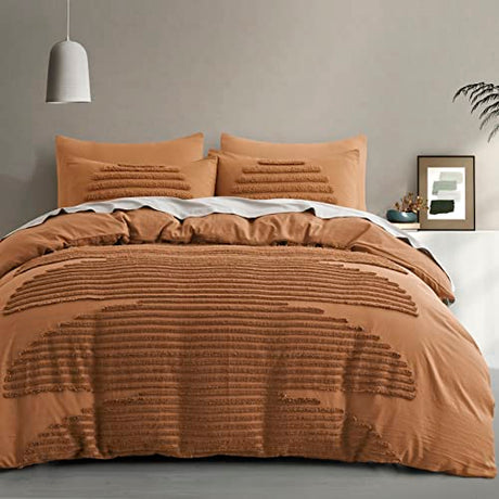 BEDAZZLED Queen Size Duvet Cover, 5 Pieces Pumpkin Brown Textured Duvet Cover Sets, Soft and Breathable Boho Tufted Bedding Comforter Cover Set for Gifts, Comforter Not Included (Pumpkin Brown, Queen) BEDAZZLED