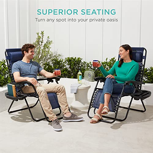 Best Choice Products Set of 2 Adjustable Steel Mesh Zero Gravity Lounge Chair Recliners w/Pillows and Cup Holder Trays - Navy Blue