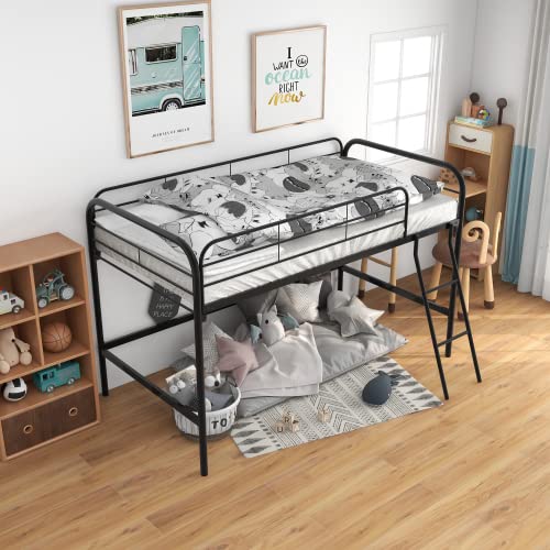 Majnesvon Metal Low Loft Bed Twin Size with Sturdy Steel Frame, Twin Loft Bed Frame with Ladder and Safety Guardrails, Storage Space Under The Bed for Kids, Toddlers, Teens (Black) Majnesvon