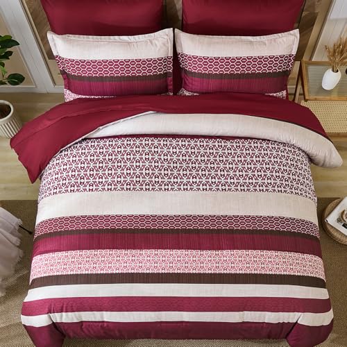 DJY Boho Comforter Set King Size,7 Pieces Bed in a Bag Burgundy Red Striped Bedding Sets,Patchwork Soft Microfiber Bedding Set for All Season(104"x90") DJY