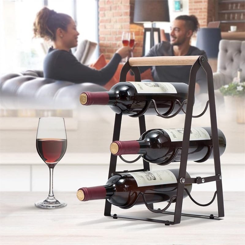 HMKAIJUFUL Wine Rack, 6 Bottle Wooden Countertop Free Standing Shelf,3 Tier Bottle Holder Stand for Home Bar Tabletop, Cabinet Inserts, Kitchen, Wine Cellar Storage No Assembly(Black) HMKAIJUFUL