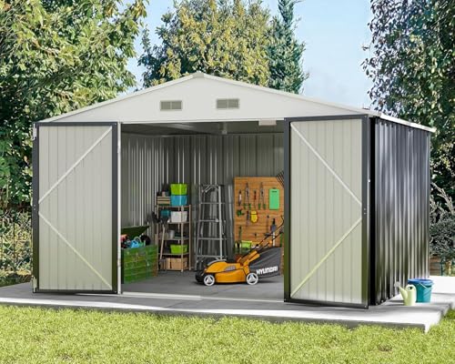 Greesum 10x8FT Outdoor Storage Shed, Utility Tool Shed Metal Storage Garden Shed with Door & Lock for Patio Storage, Gray Greesum